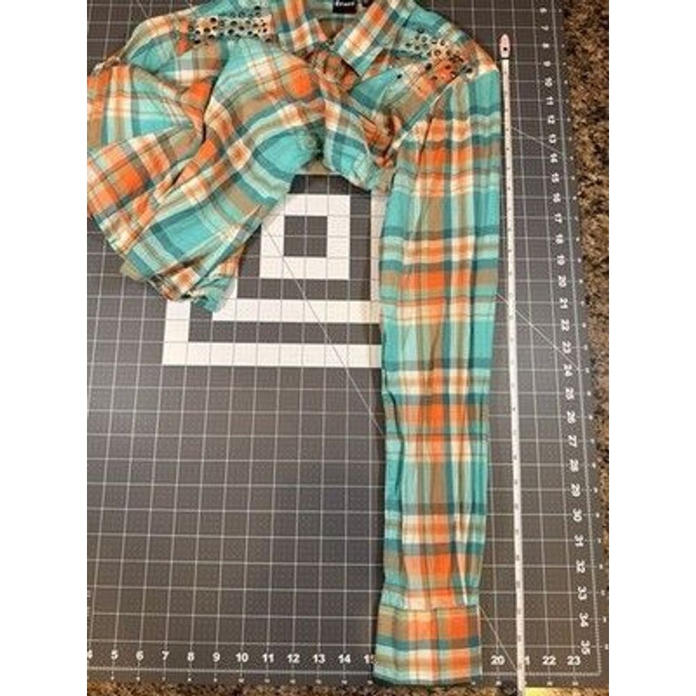 Cruel Women's Large Plaid Western Shirt Rhinestone Studded Turquoise Coral - Picture 11 of 12